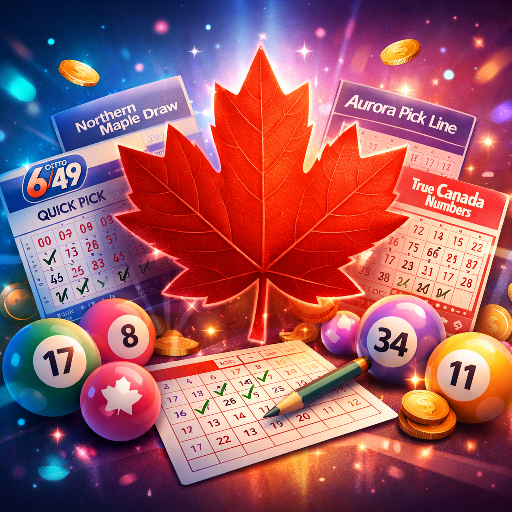 Canadian maple leaf surrounded by lottery tickets and number grids