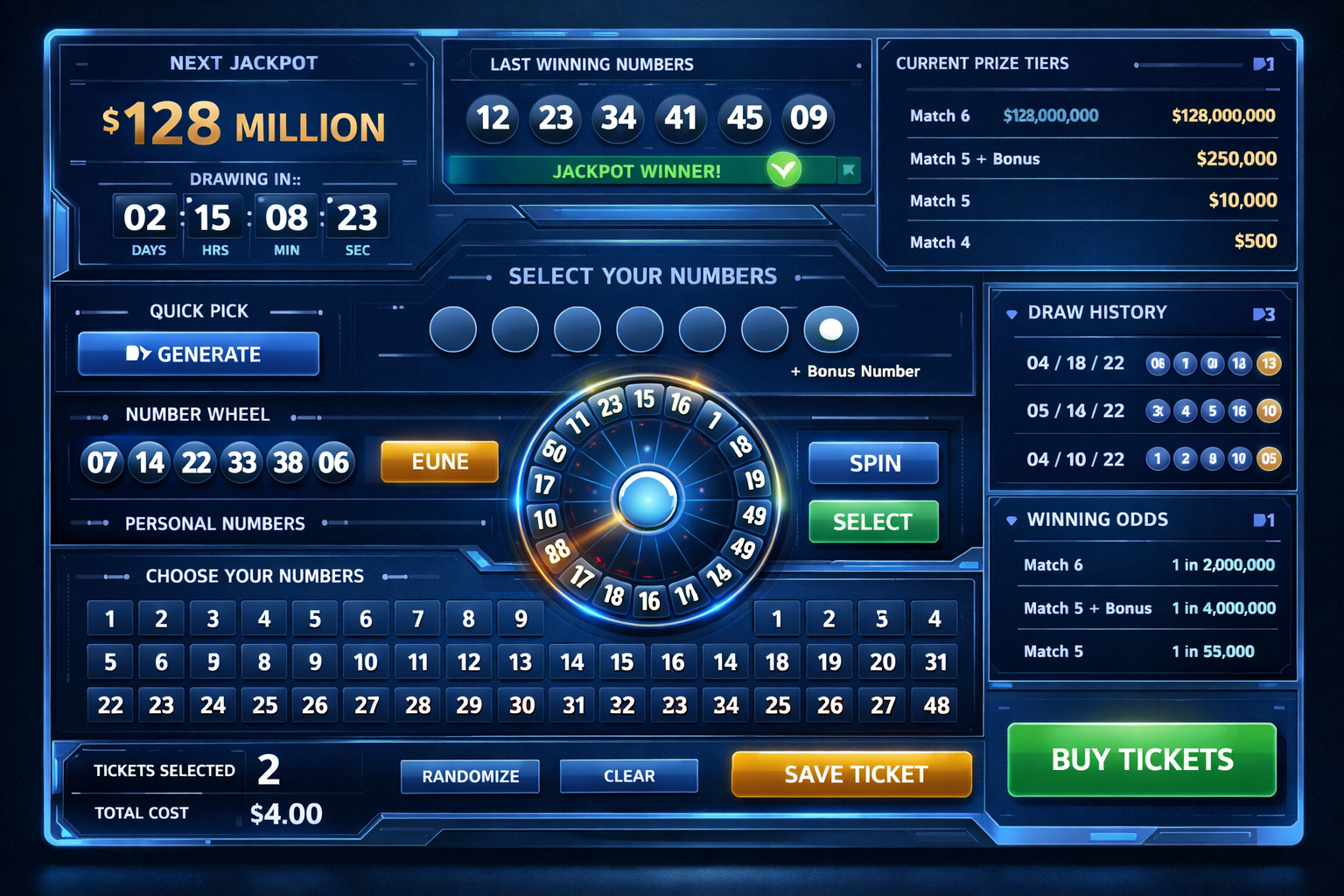 Modern digital interface showing lottery information and number selection tools
